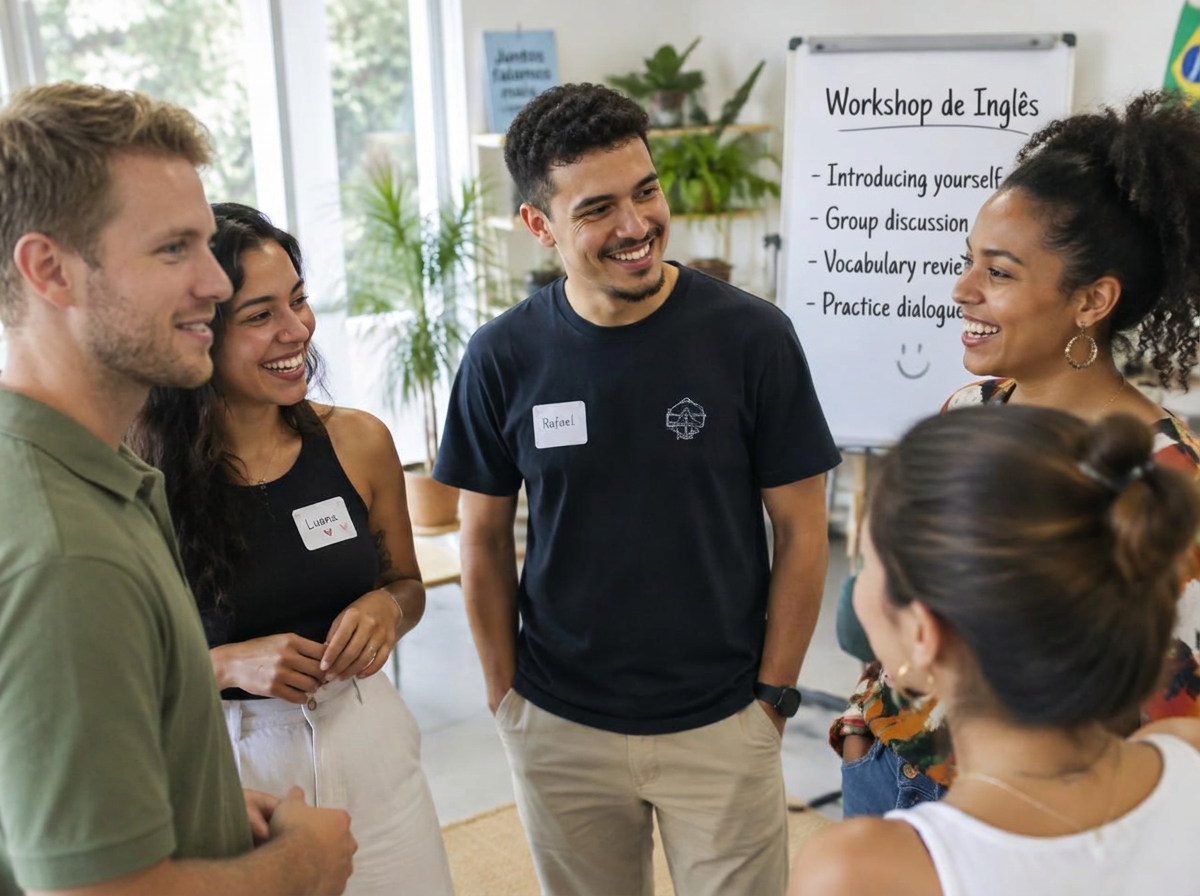 Alunos e participante internacional conversando em pé durante atividade de quebra-gelo