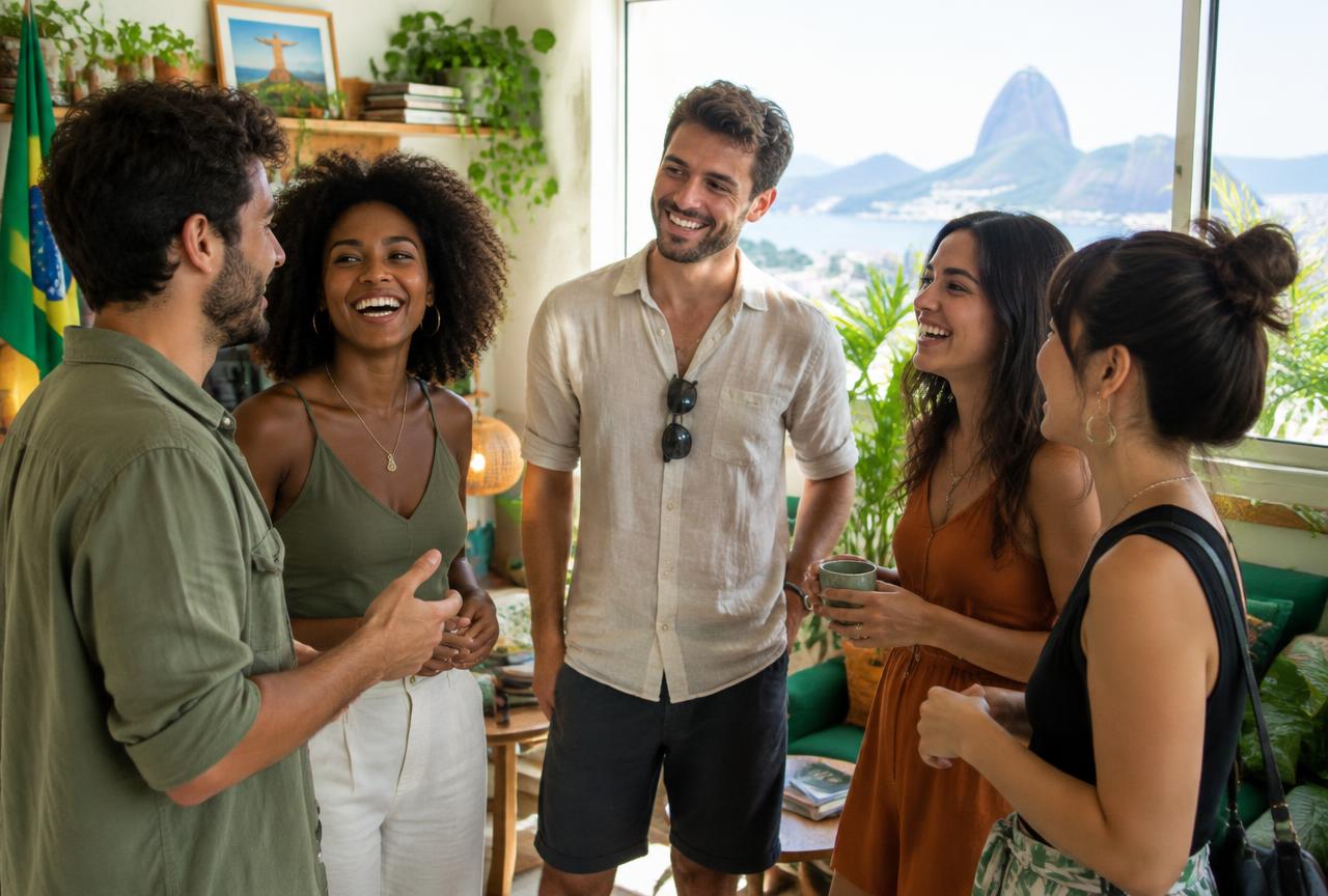 Grupo de alunos conversando em inglês em pé, sorrindo